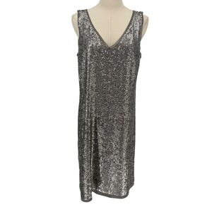 Talbots Sequin Shift Dress Silver V-Neck Sleeveless Cocktail Size 10